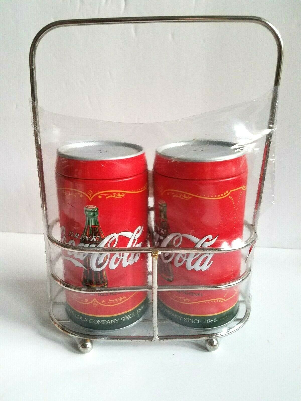 Vintage Coca Cola Advertising Salt & Pepper Shakers W/holder Rack New Coke