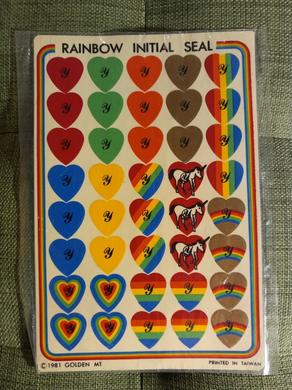 Vintage 1981 Golden Mt Rainbow Initial Seal Stickers, One Unopened Sheet "y"