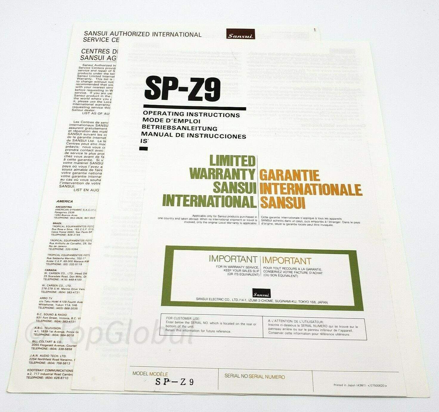 Sansui Sp-z9 Turntable Operating Instruction Manual Multi English Spanish German