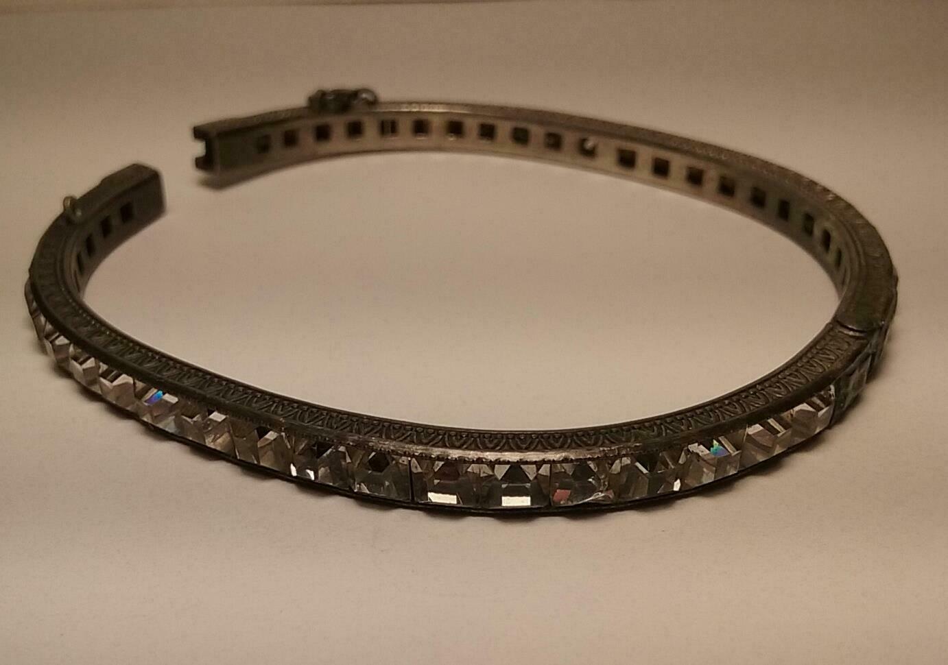 Vintage Sterling Silver Hinged Channel Set Rhinestone Bracelet - Needs Repair