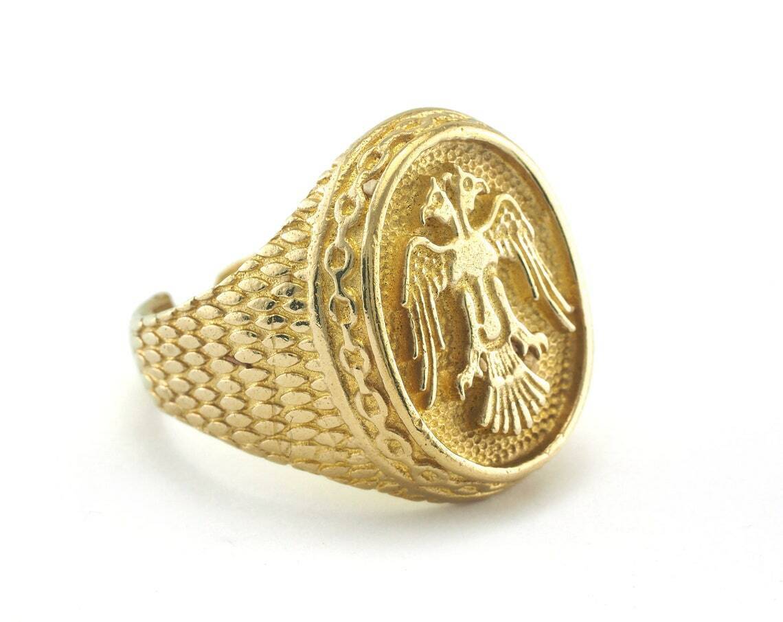 Signet Ring Double Head Eagle Logo Adjustable Ring Raw Brass  19mm 9us 2674