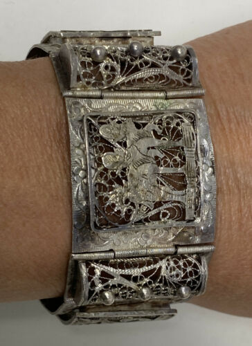 Art Deco Egyptian Revival Ornate  800 Silver Cannetille Filigree Panel Bracelet