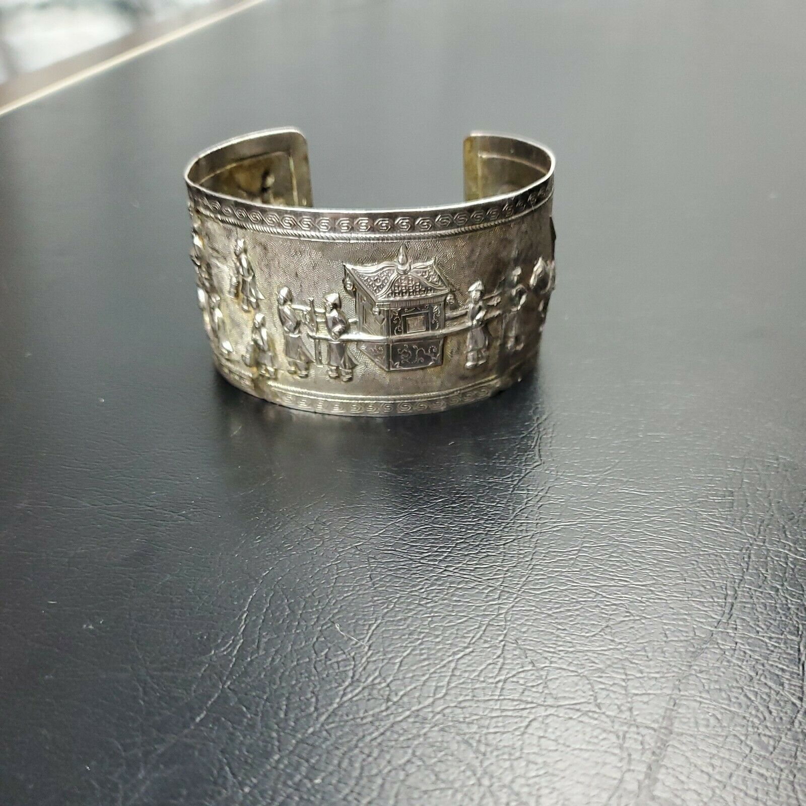 Antique Silver Chinese Wedding Repousse Scene Cuff Bracelet Tested Unmarked