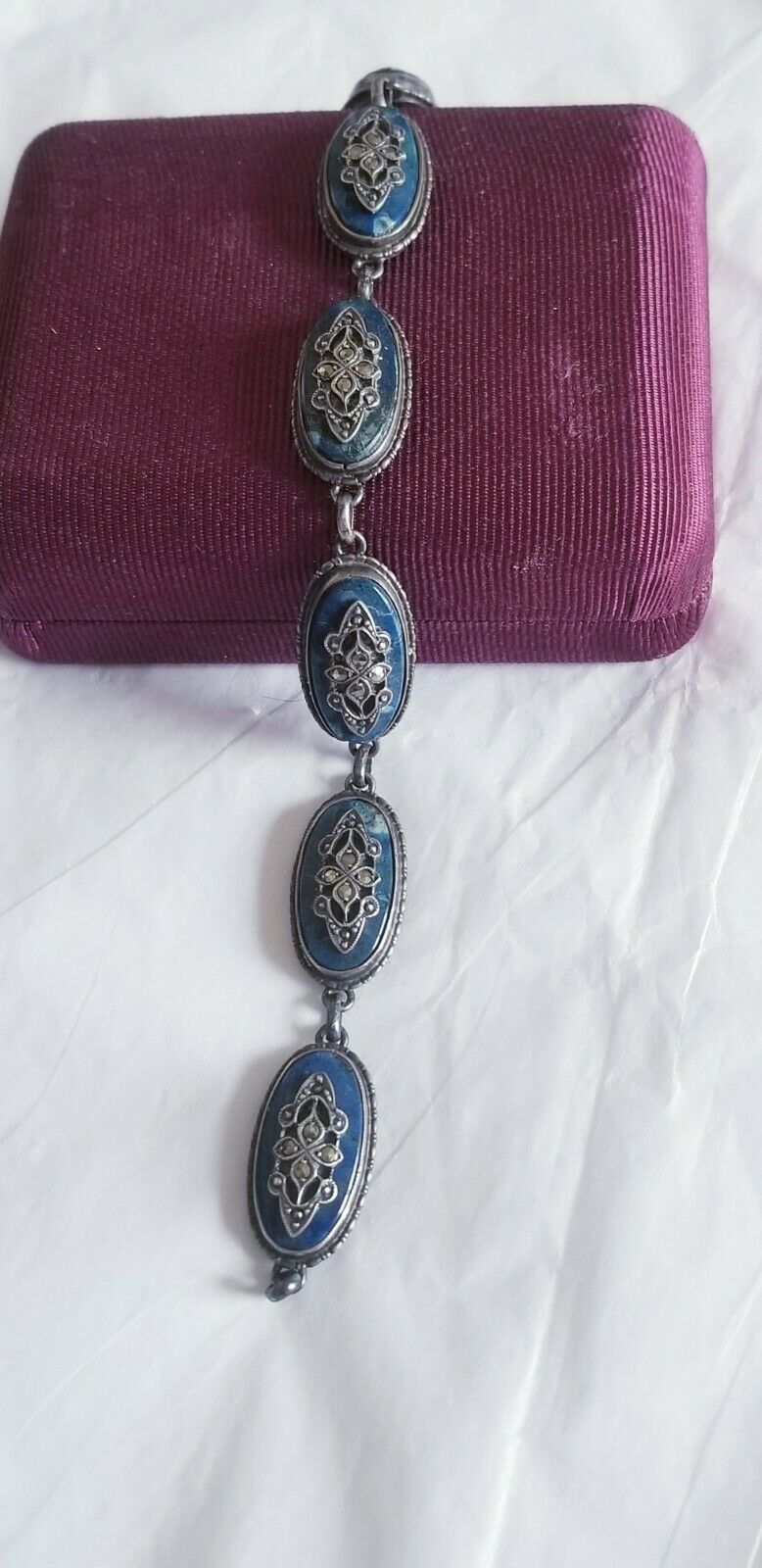 Rare Antique Sterling Silver Victorian  Revival Marcasite Blue Lapis Bracelet