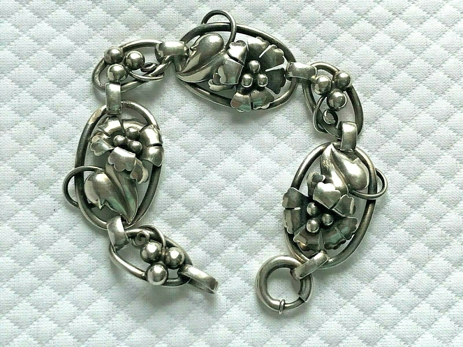 Antique Vintage Arts And Crafts Art Deco Sterling Silver Floral Link Bracelet 7"