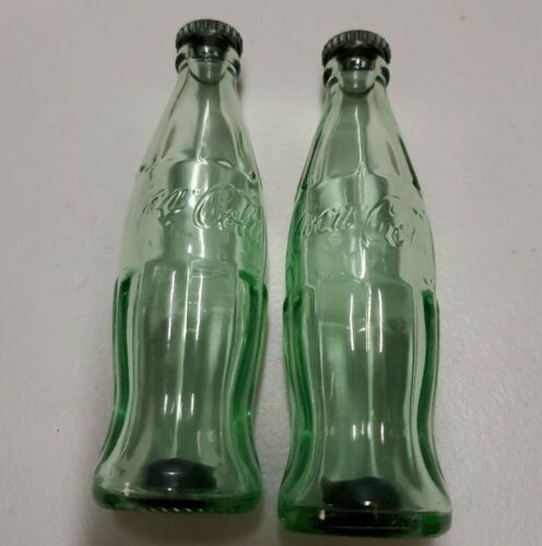 Vintage 2 Glass Coca Cola Coke Bottle Salt And Pepper Shakers 4 3/8" Green Glass
