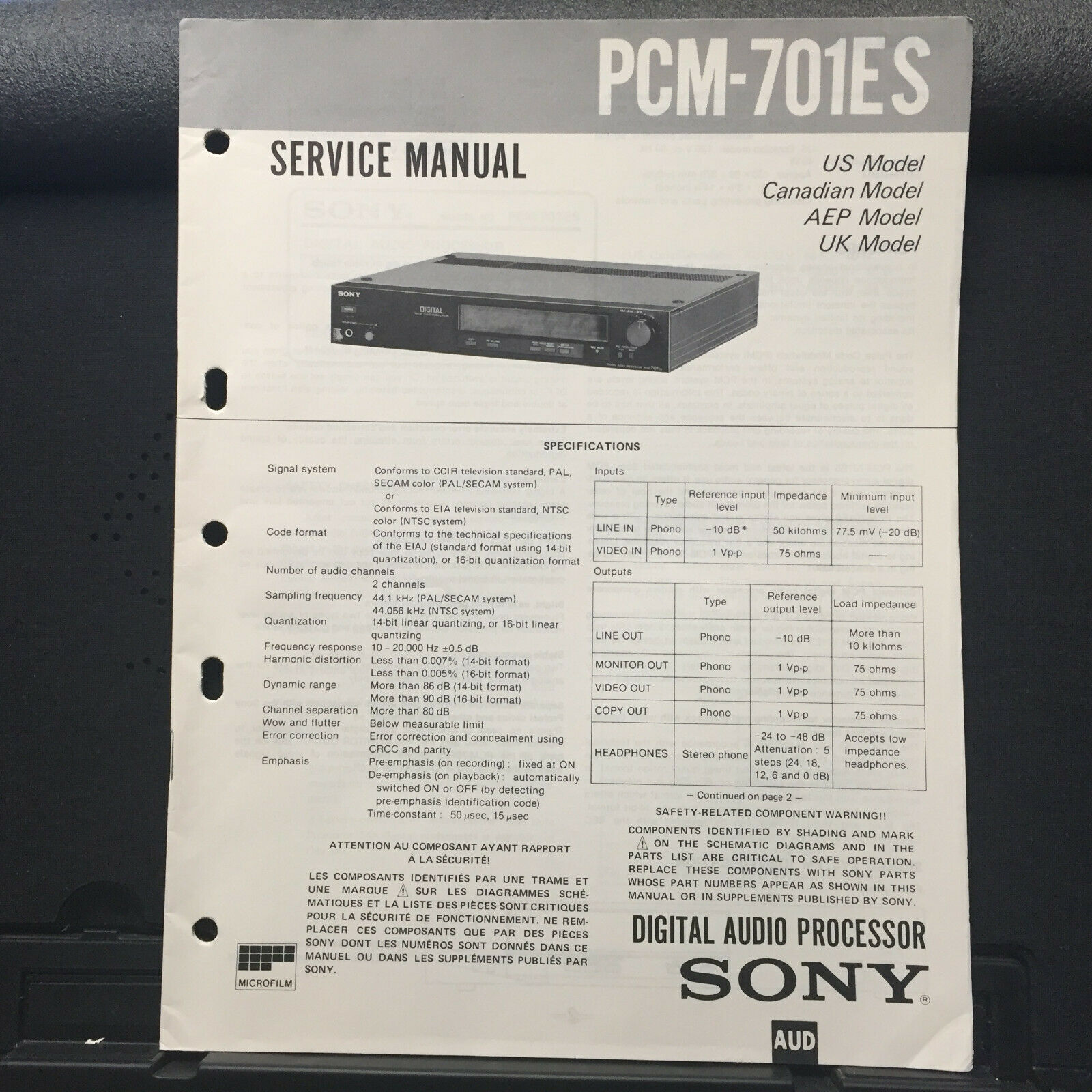 Sony Service Manual For The Pcm-701es Dap Processor ~ Original Manual