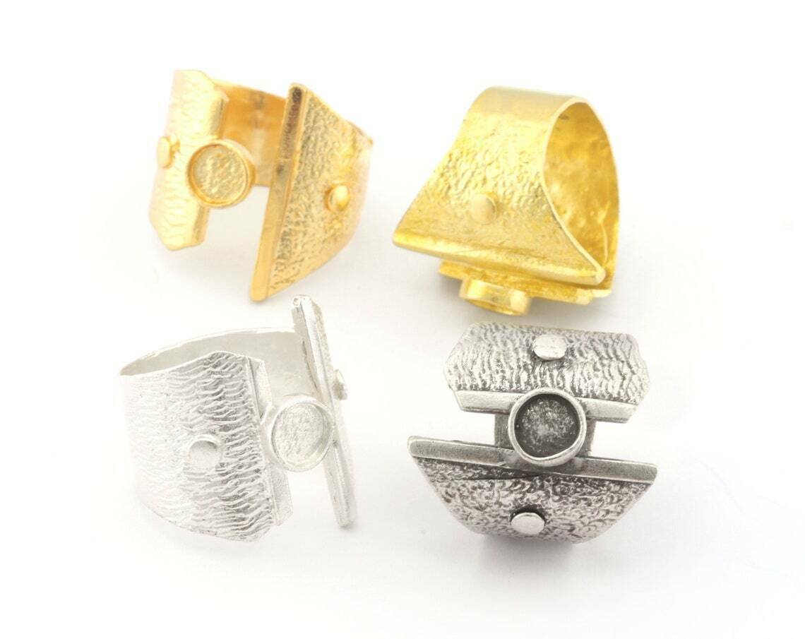 Ethnic Adjustable Ring Bezel Setting Raw Brass,Shiny silver-gold 7-9us size 4784