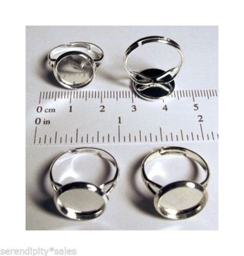 50 Silver Plated Adjustable Ring Blanks Beveled Pad For 12mm Cabochon Bezel Edge