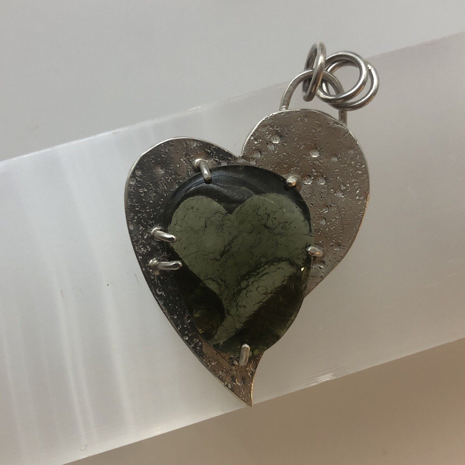 Artisan Crafted Moldavite Cabachon Pendant  Beautiful Swirled Heart Shape