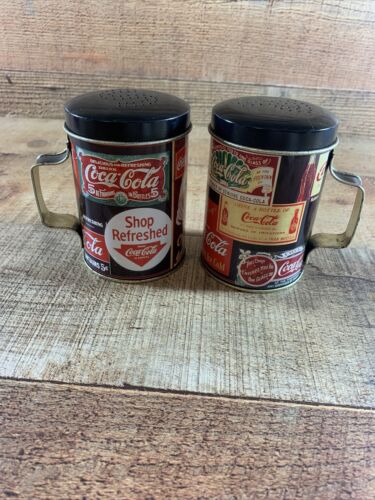 Vintage 2001 Coca Cola Sign Images Graphic Metal Salt & Pepper Shakers Tins