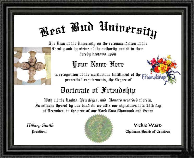 Friendship Lover's Doctorate Degree / Diploma Custom Made & Designed For You