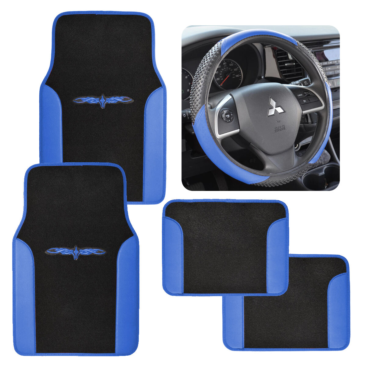 2tone Carpet/vinyl Floor Mats For Car Suv Van Blue/black W/ Steering Wheel Cover