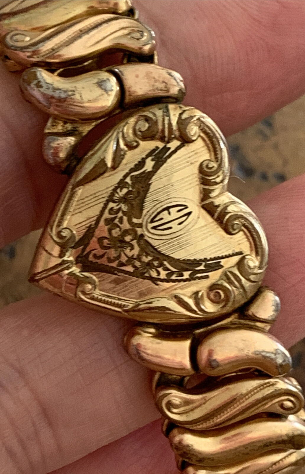 Antique Vintage Victorian Gold Filled Heart Etched Small Expandable Bracelet