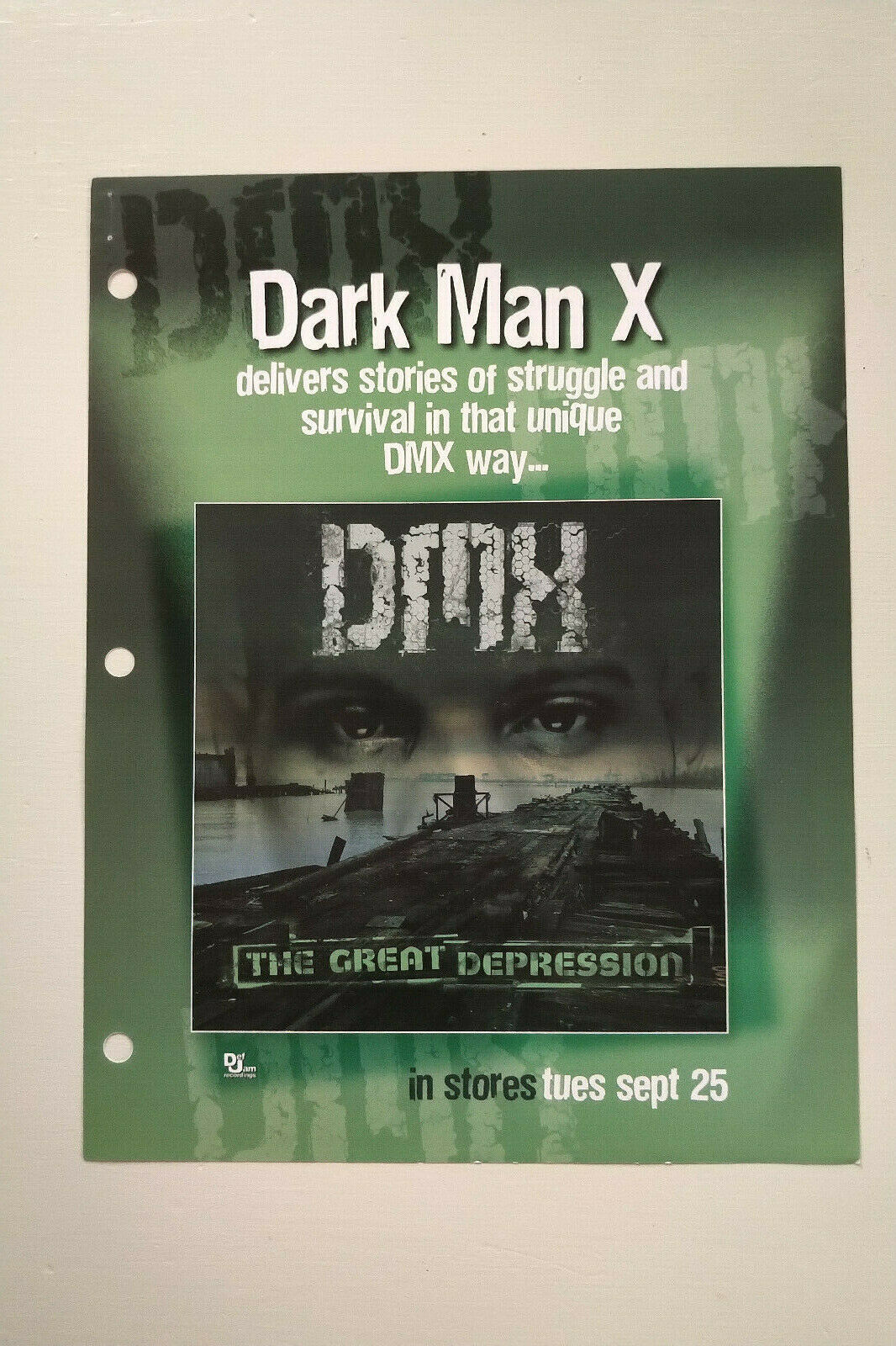Rare Dmx The Great Depression Promo Mini Poster/one-sheet (2001) Canada Only