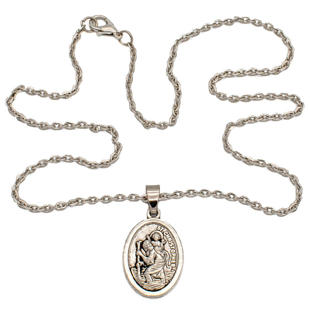 Saint St Christopher Protect Us Oval Silver Medal Pendant Necklace 18" Chain