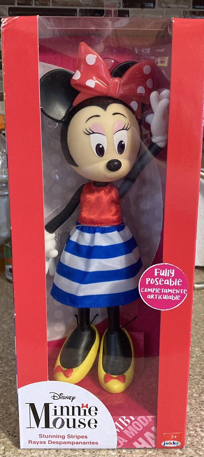 Disney Minnie Mouse Fully Poseable Stunning Stripes Red/white/blue 9" Doll Nib