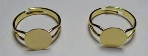 25 Gold Plated Adjustable Ring Blanks With Flat 10mm Round  Pad For Cabs+beads