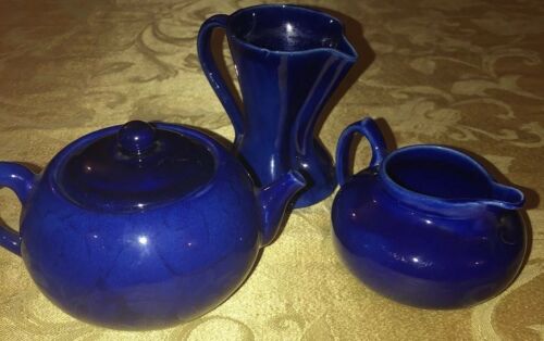 Hampshire Pottery Cobalt Blue Teapot Set Pitcher Creamer Arts And Crafts
