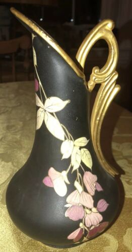 Hampshire Pottery  Vase Pitcher Ewer  Arts And Crafts Black Gold Flowers