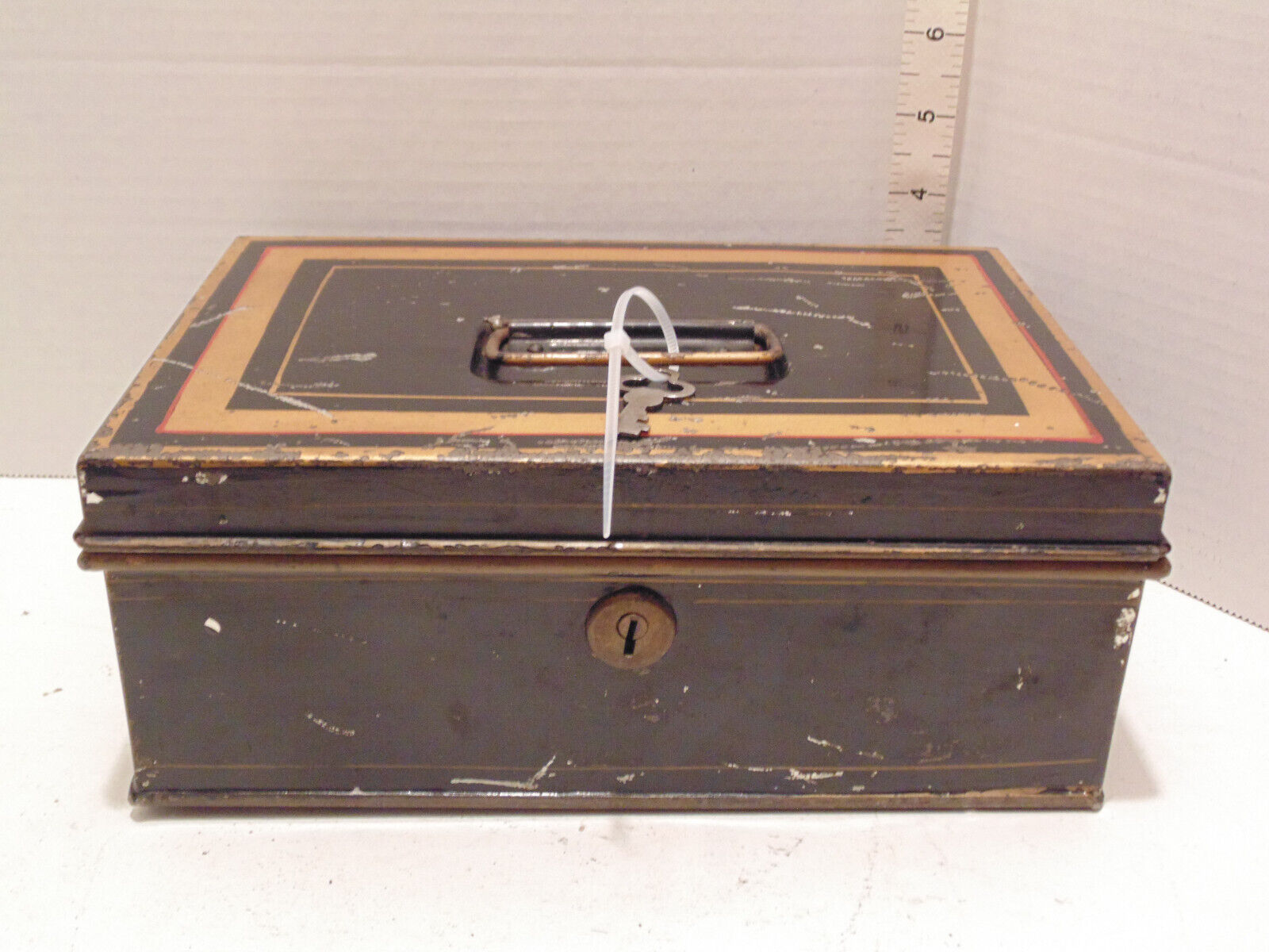 Antique Victorian Metal Money Jewlery Box with Key