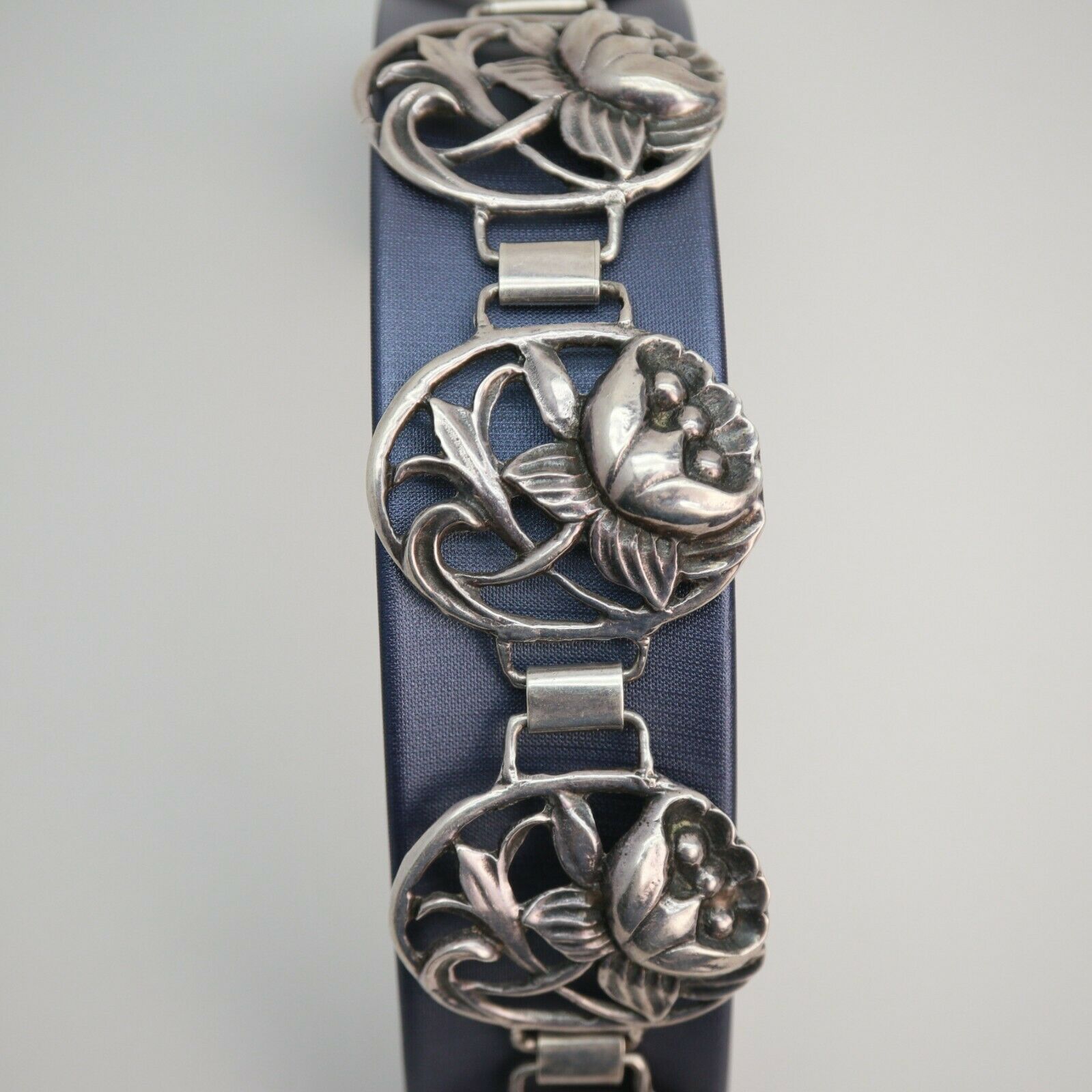 7.5" Art Nouveau Iris Flower Sterling Silver Panel Bracelet 46.3g
