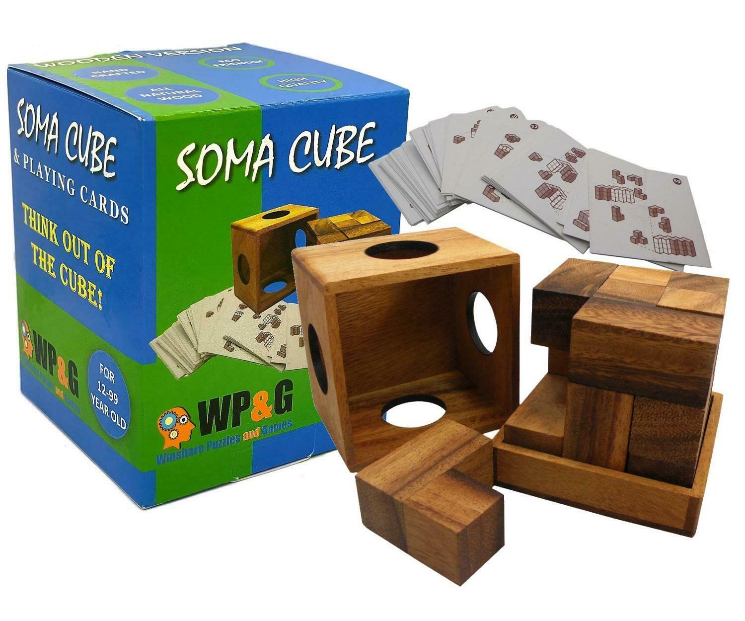 Soma Cube Set With 50 Playing Cards - Brain Teaser Wooden Puzzle