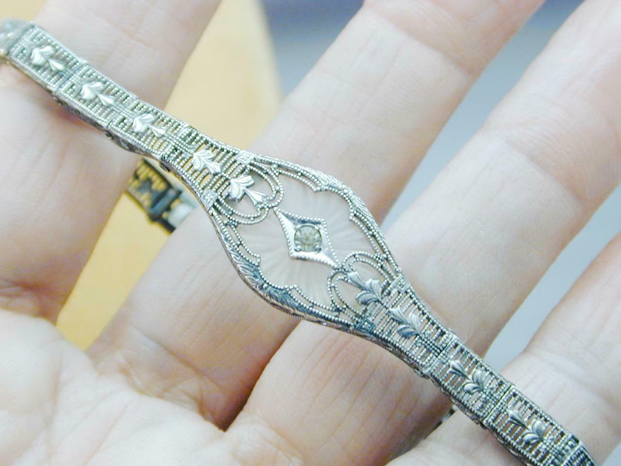 Fab Art Deco Sterling Filigree Jeweled Camphor Glass Link Bracelet