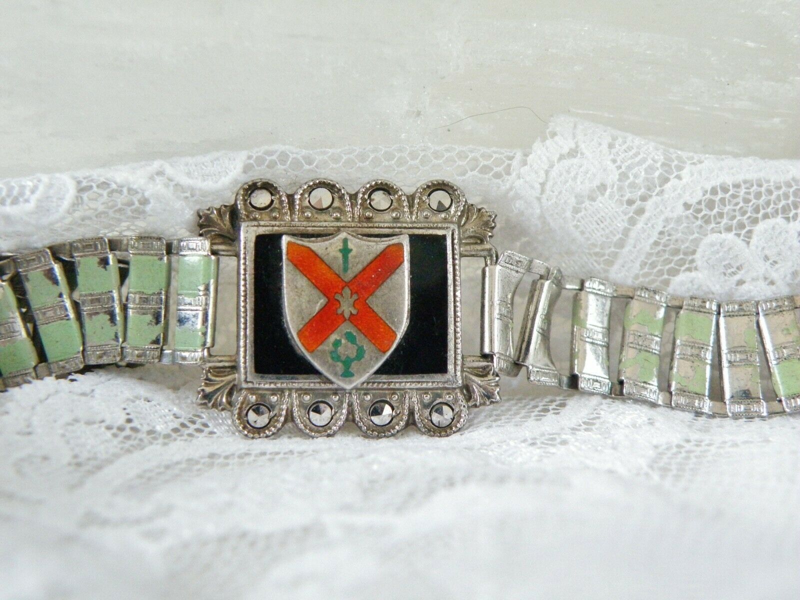 Victorian Vintage Old Sterling Silver 925 Family Crest Shield Enamel Bracelet