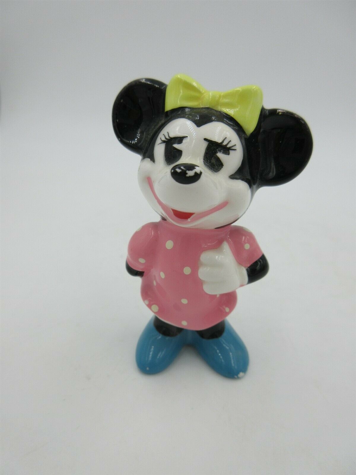 Vintage Minnie Mouse Walt Disney Ceramic Figurine Japan Yellow Bow Pink Dress 3