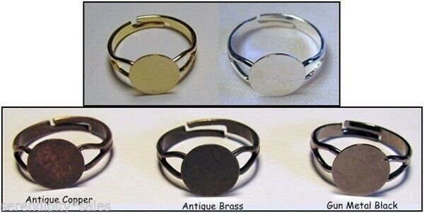 50 Adjustable Ring Blanks With 10mm Round Flat Pad ~10 Each X 5 Different Colors