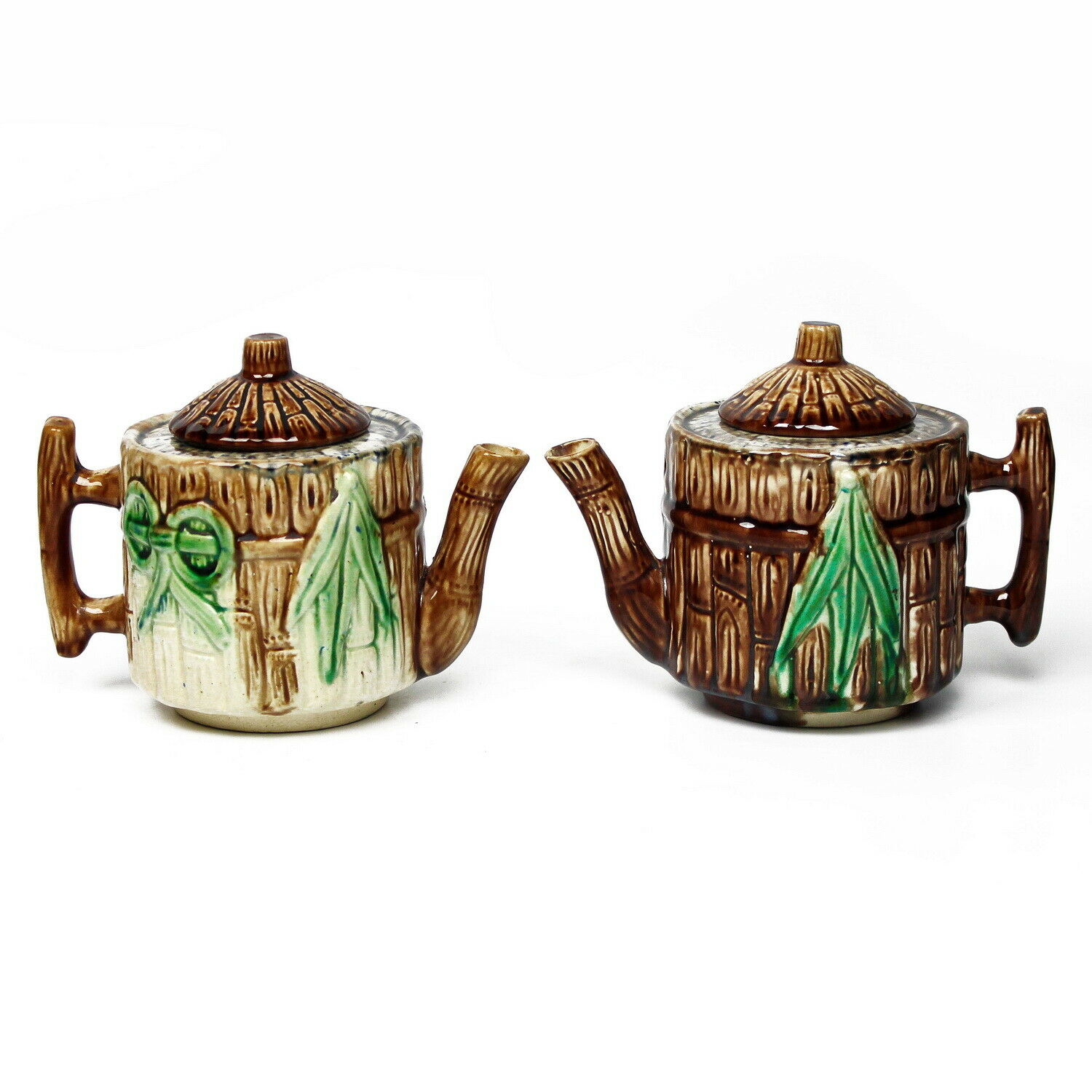 Antique 1880's J.S. Taft and Co. Keene, NH Bamboo Motif Majolica Teapot Pair
