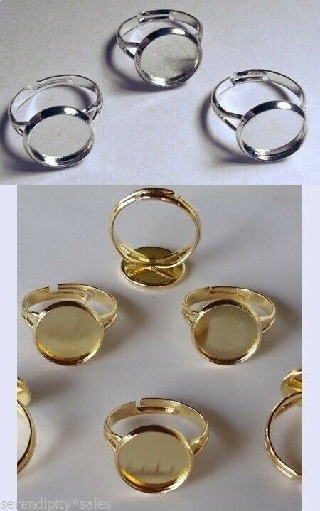 20 Ring Blanks Beveled Pad For 12mm Cabs Bezel ~ No Nickel ~10 Silver + 10 Gold