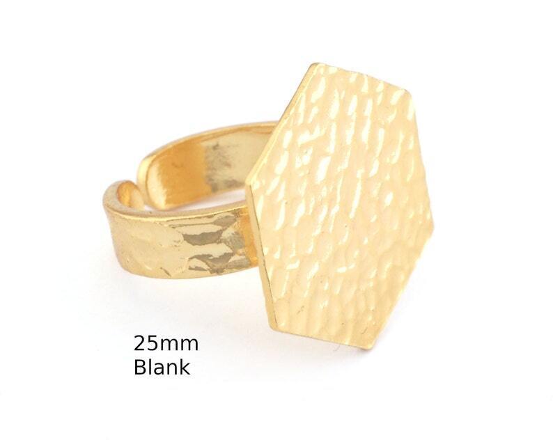 Hexagonal Hammered Adjustable Ring Blank-Shiny Gold Plated Brass 25mm Blank 4952