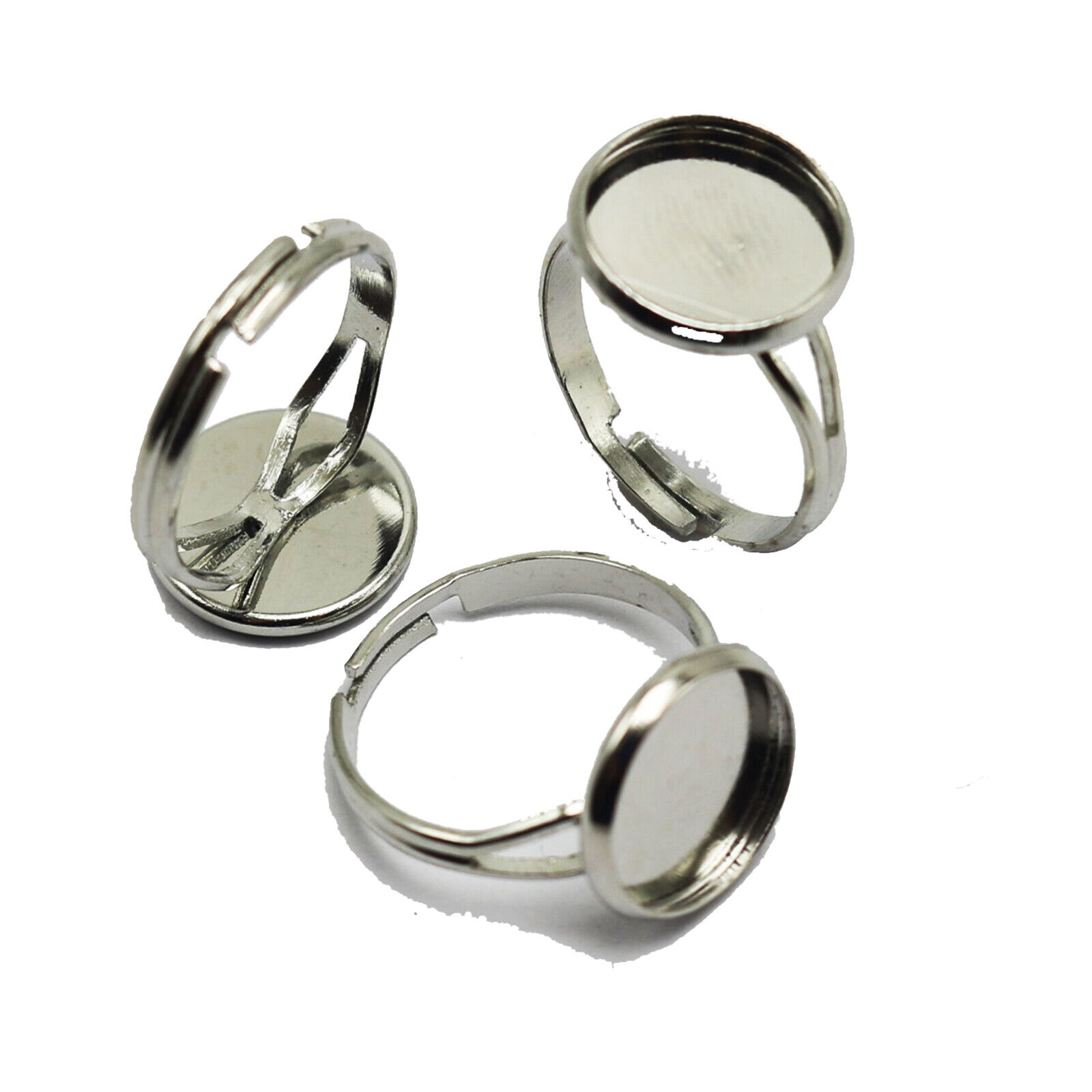 20 Silver Tone Adjustable Ring Round Blank Cabochon Pad Bezel Setting Cup 12mm