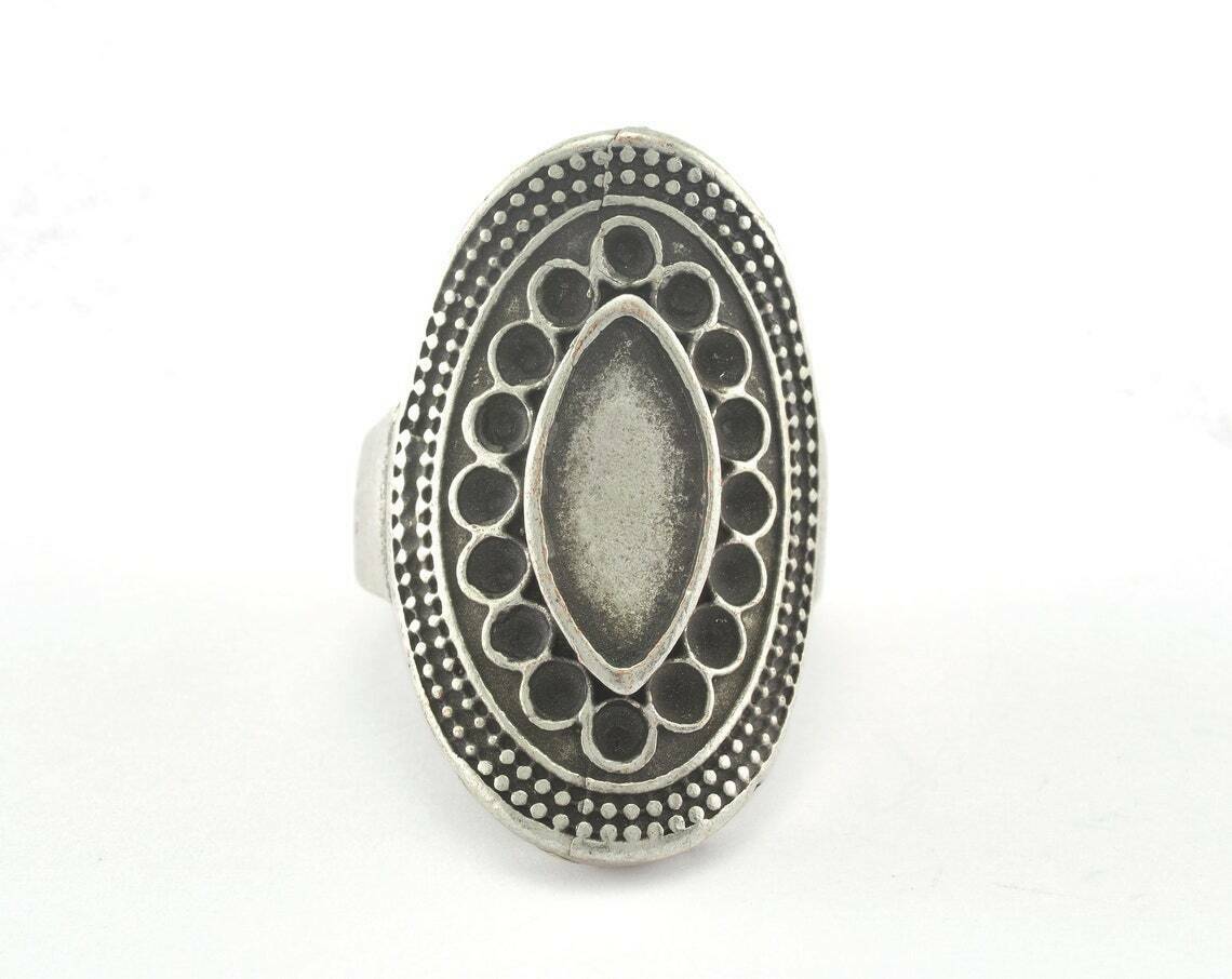 Ring Adjustable Bezel 14x6mm - 2mmmm Antique Silver Plated brass 8us size 2656