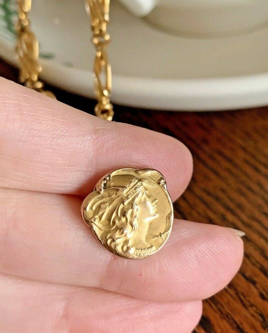Goddess Diana & Mistletoe Art Nouveau French Antique Gold Fill Chain Bracelet