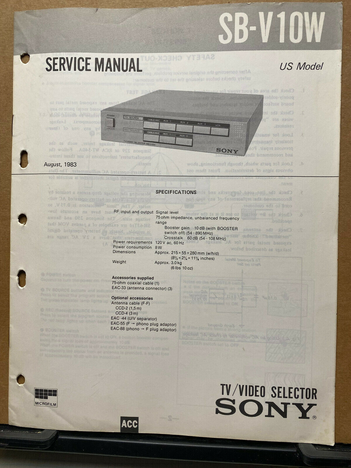 Sony Service Manual for the SB-V10W TV/Video Selector ~ Original Repair