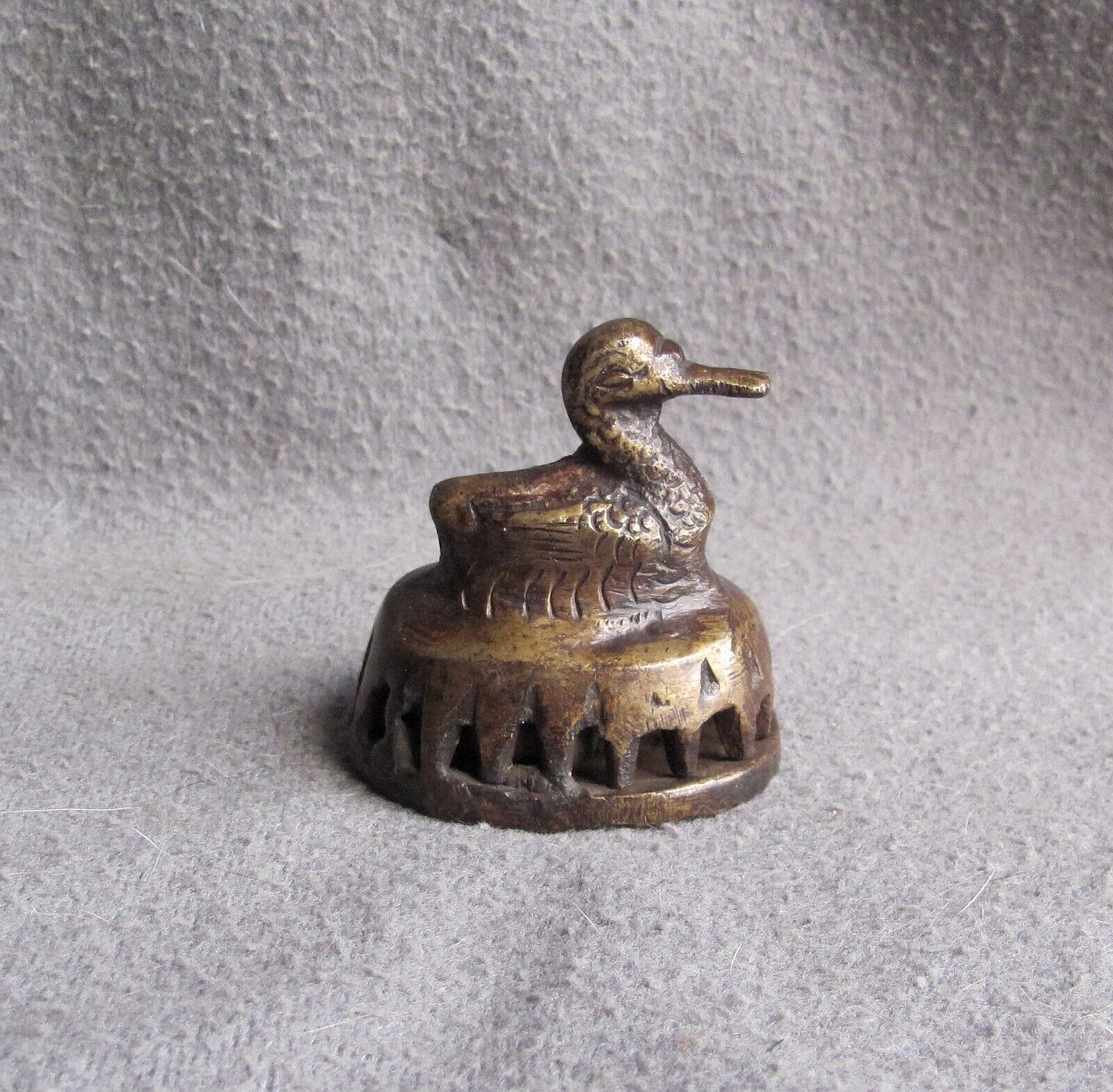 Primitive Old Asian Bronze Duck Bell w/ Wax Seal Stamp
