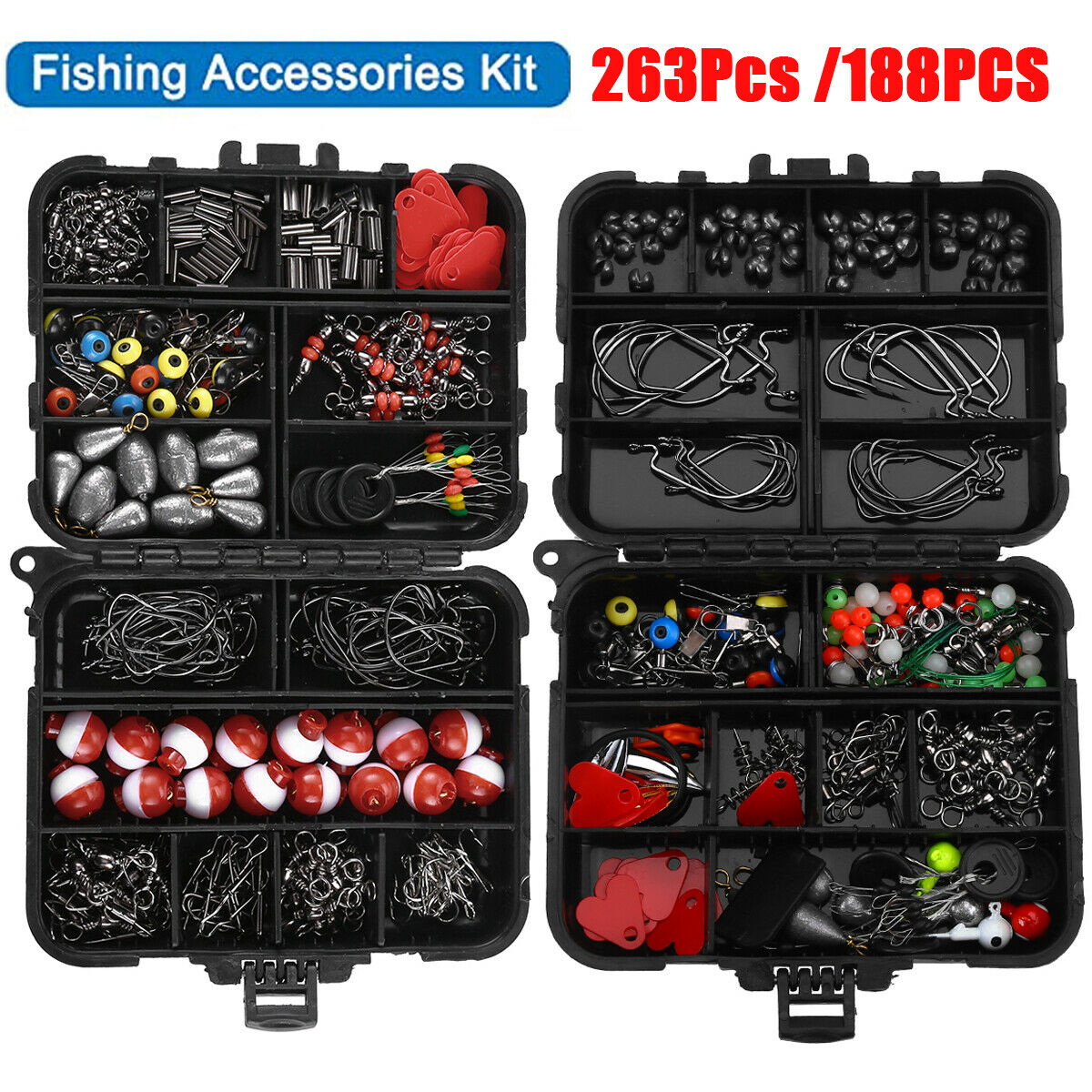 263/188pcs Fishing Accessories Kit Set With Tackle Box Pliers Jig Hooks Bullet