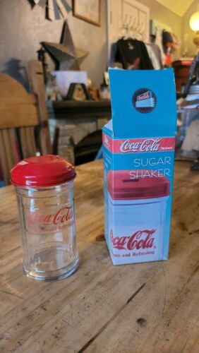 NIB Vintage 1995 COCA-COLA Glass Sugar Shaker Jar W/ Red Metal Lid