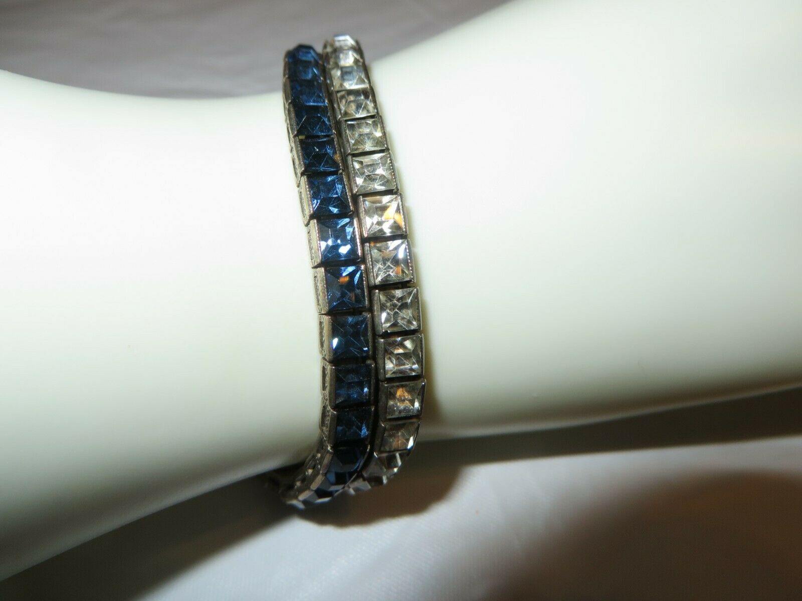 Art Deco Sterling Sapphire Blue and Clear Square Rhinestone Double Bracelet