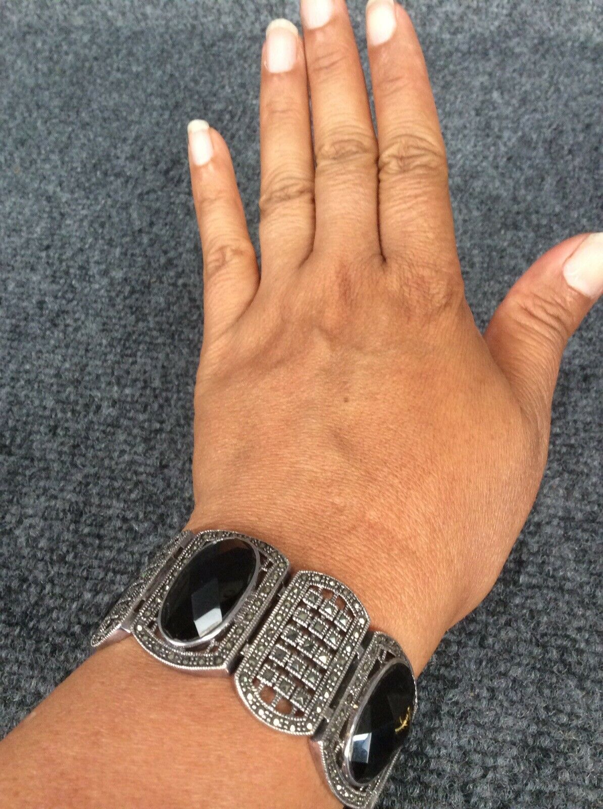 Stunning Vtg  Black Onyx Marcasite Sterling Silver 925 Bracelet