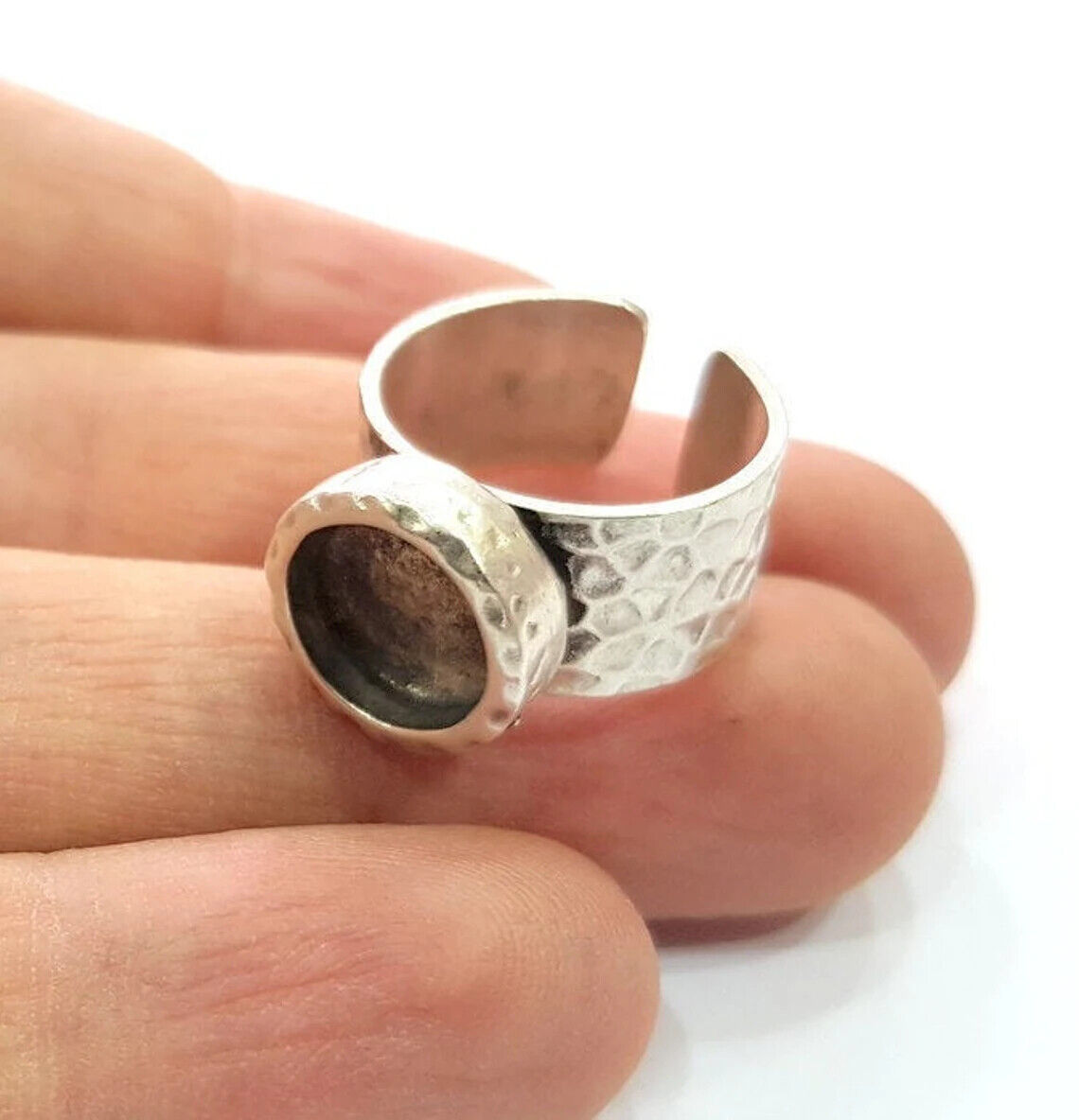 Hammered Ring Blank Setting Base Bezel Inlay Backs Cabochon Antique Silver