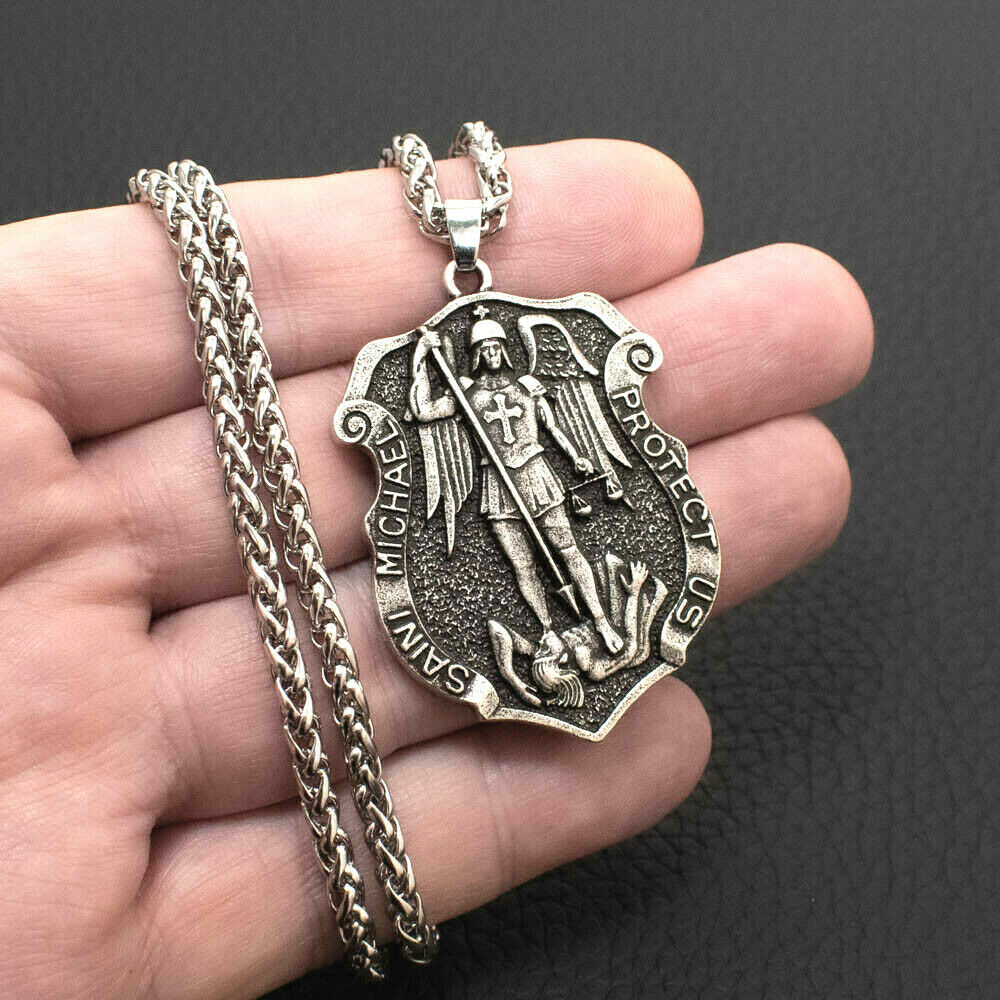 Saint St Michael Medal Shield Large Pendant Necklace 316l Stainless Steel Chain