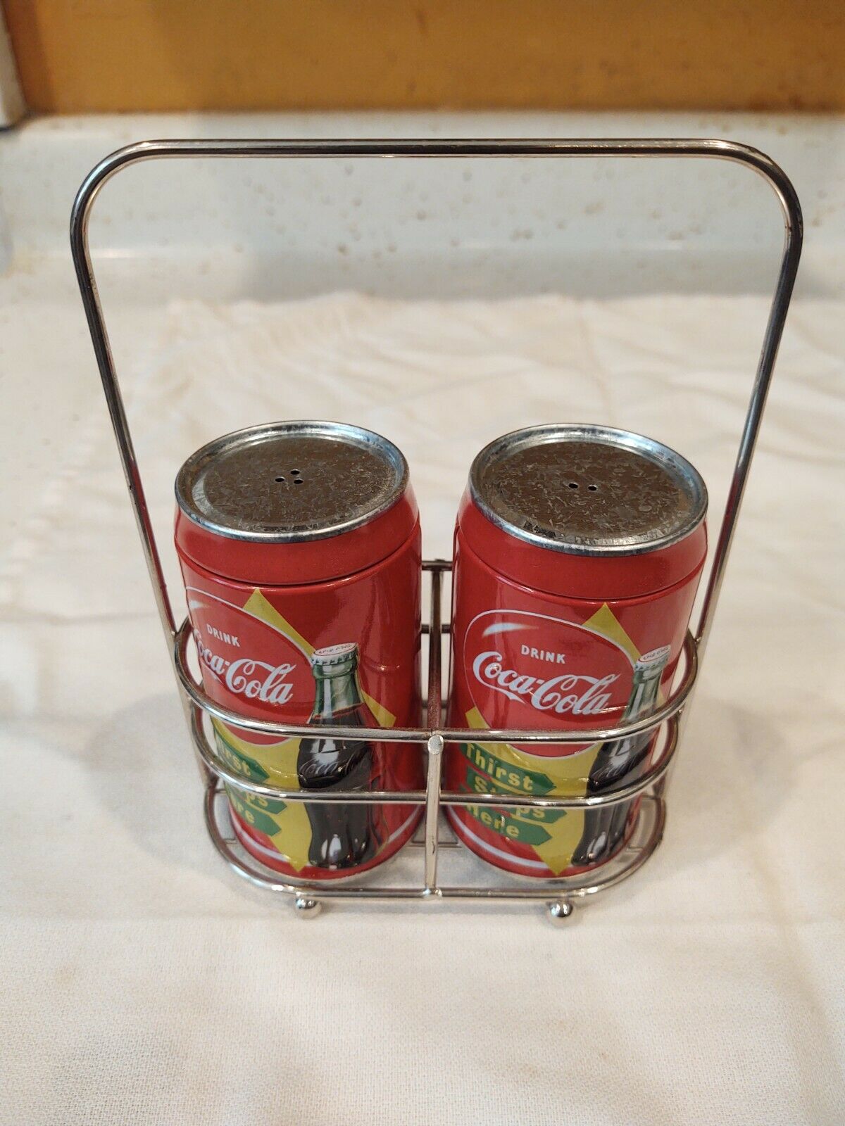 Coca Cola Tin Metal Salt Pepper Caddy Set
