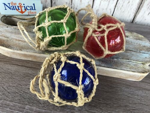 (3) - 3" Glass Fishing Floats ~ Fish Net Buoy~ Nautical Decor ~ Red, Blue, Green